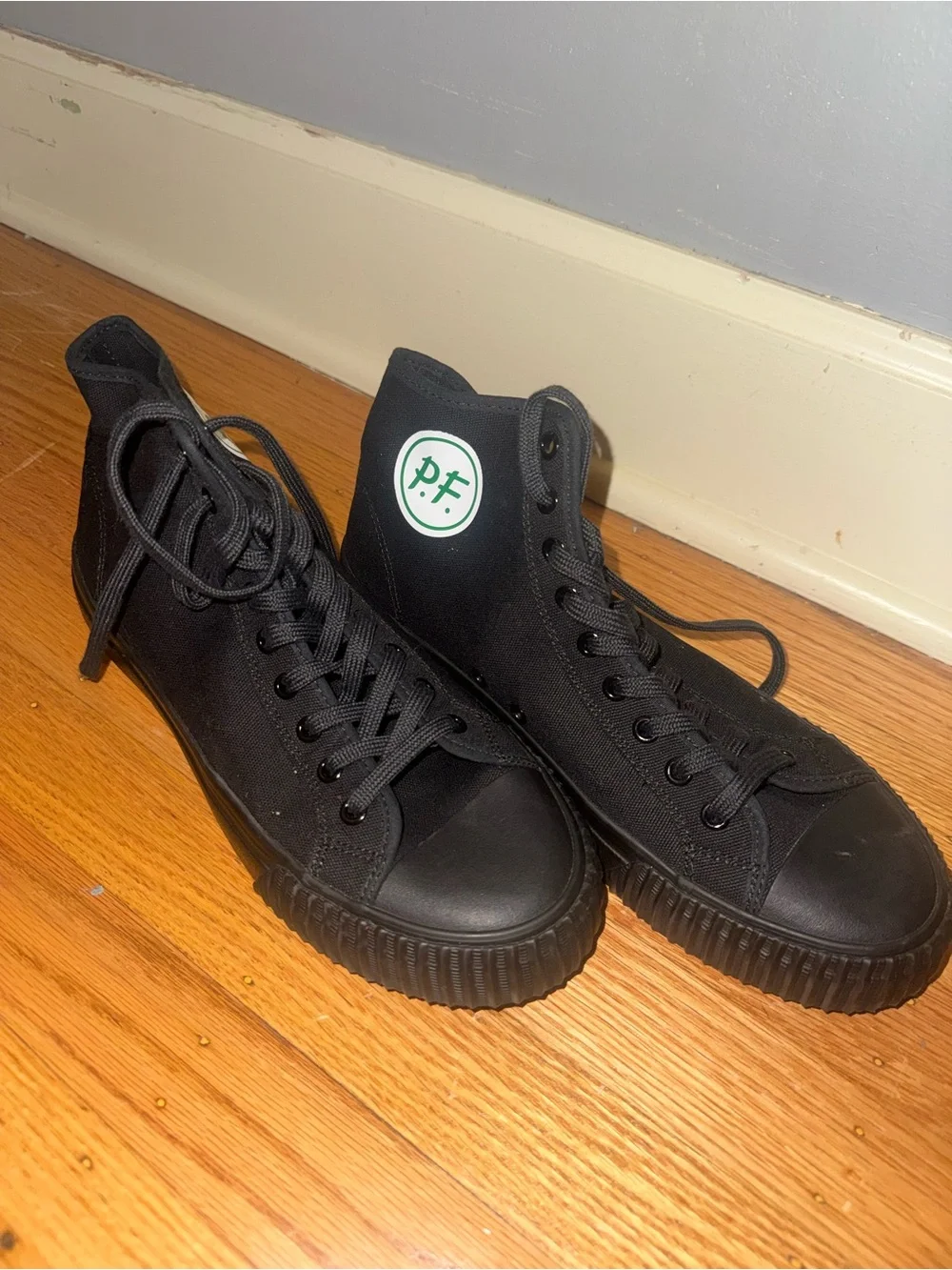 P.F. Flyers Black High-Top Canvas Sneakers with Green Logo